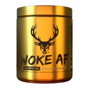 Bucked Up’s Woke AF pre-workout in a limited edition gold tub, featuring the signature stag logo and a high-stimulant warning label.