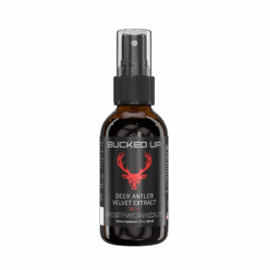 Bucked Up Deer Antler Velvet Extract IGF-1 spray in a black bottle with red stag logo, labeled for post-workout recovery support.