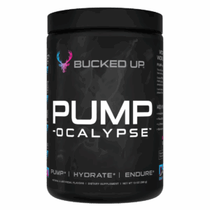 Bucked Up PUMP-ocalypse pre-workout tub in matte black packaging with bold white lettering and tagline “Pump • Hydrate • Endure.”