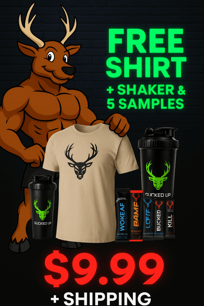 Cartoon mascot Bucky flexes beside a Bucked Up fitness bundle, featuring a tan t-shirt, two shaker cups, and five pre-workout sample packs. Neon green text reads “Free Shirt + Shaker & 5 Samples” with bold red pricing below: $9.99 + shipping.